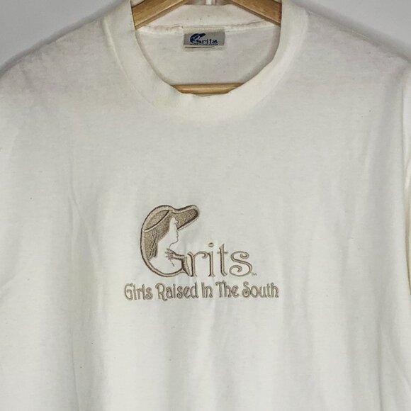 Vtg Grits Women Embroidered Girls Raised In The South Sz L Single Stitch T Shirt - Picture 2 of 10